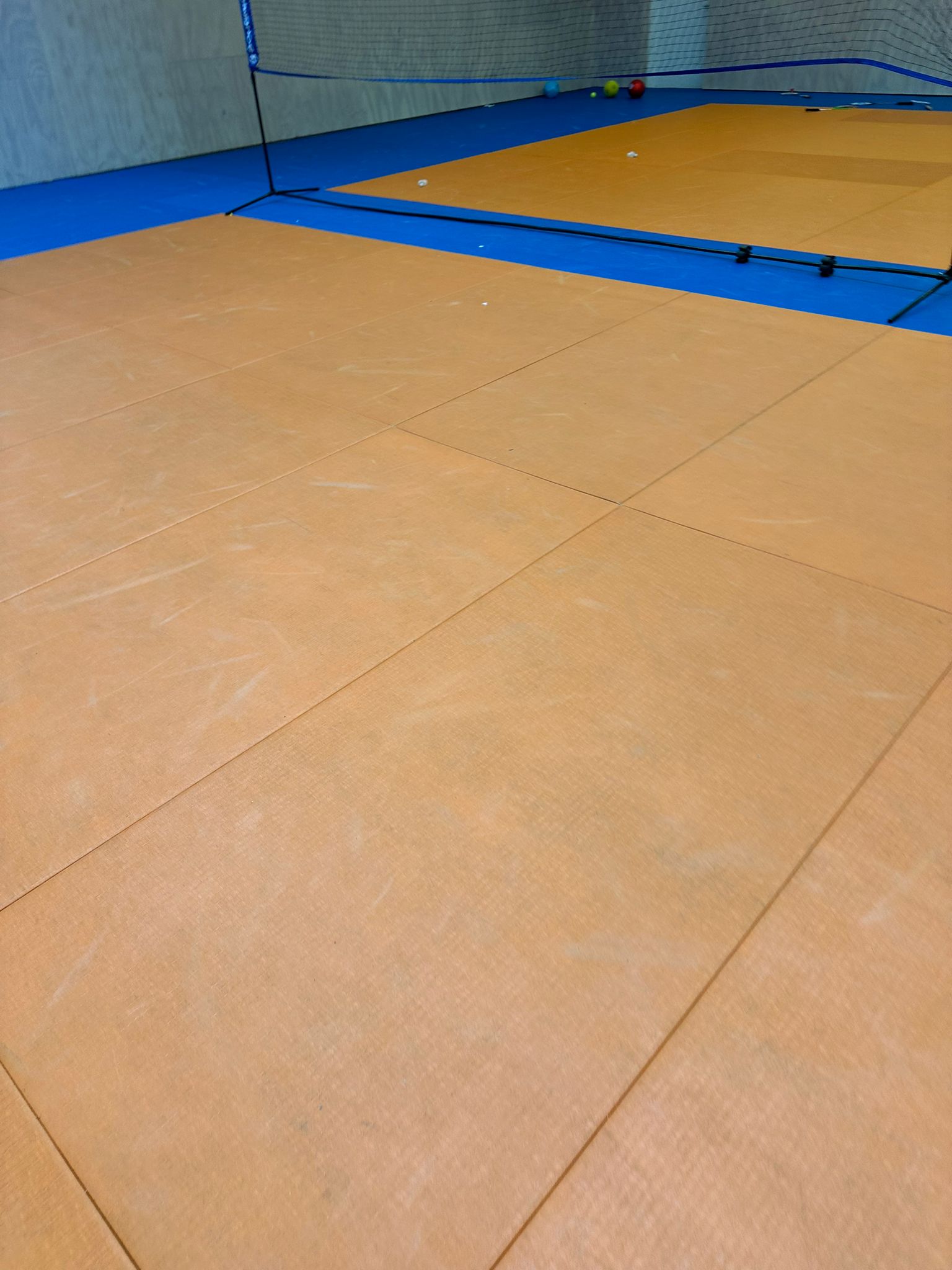 Indoor sports hall at Activestay — padded floor, high ceiling, net set up